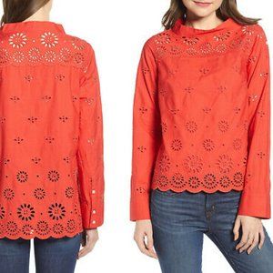 J CREW NWT Size 4P Red Funnel-neck Long Sleeves Eyelet Hi-low Shirt Style H7573